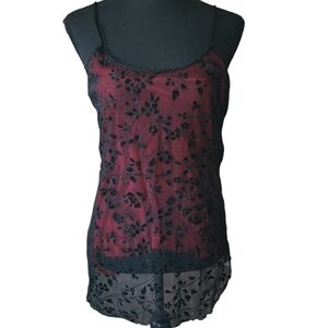 2000s Secret Treasures Red and Black Lace Nightie Chemise Negligee sz S